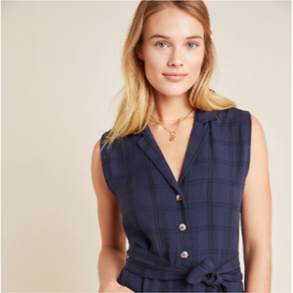 NWT Anthropologie Navy Plaid Sleeveless Cropped Jumpsuit Pockets Small - Picture 5 of 9